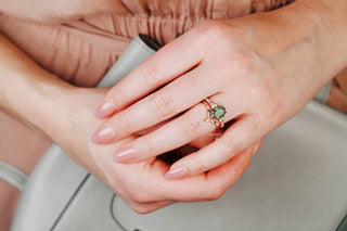 Hexagon Cut Green Moss Agate Engagement Ring Set in 14K Rose Gold Vermeil