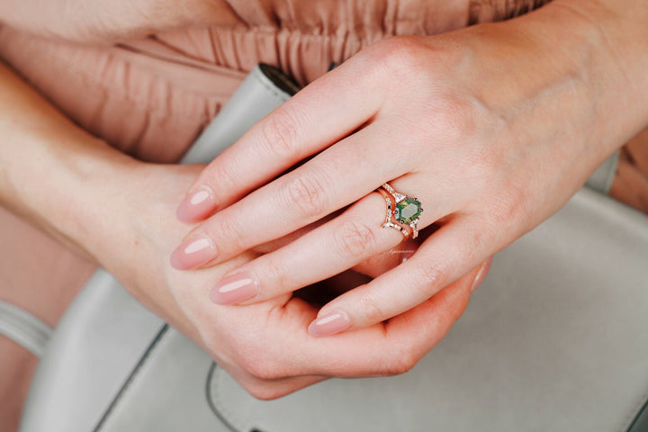 Hexagon Green Moss Agate Ring Set-14K Rose Gold Vermeil