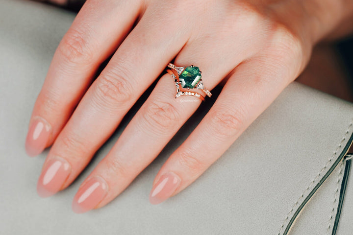 Hexagon Green Moss Agate Ring Set-14K Rose Gold Vermeil