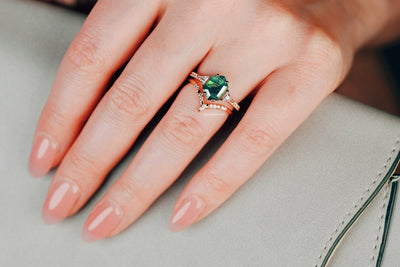 Hexagon Green Moss Agate Ring Set For Women 14K Rose Gold Vermeil Natural Agate Engagement Ring Dainty Promise Ring Anniversary Gift For Her