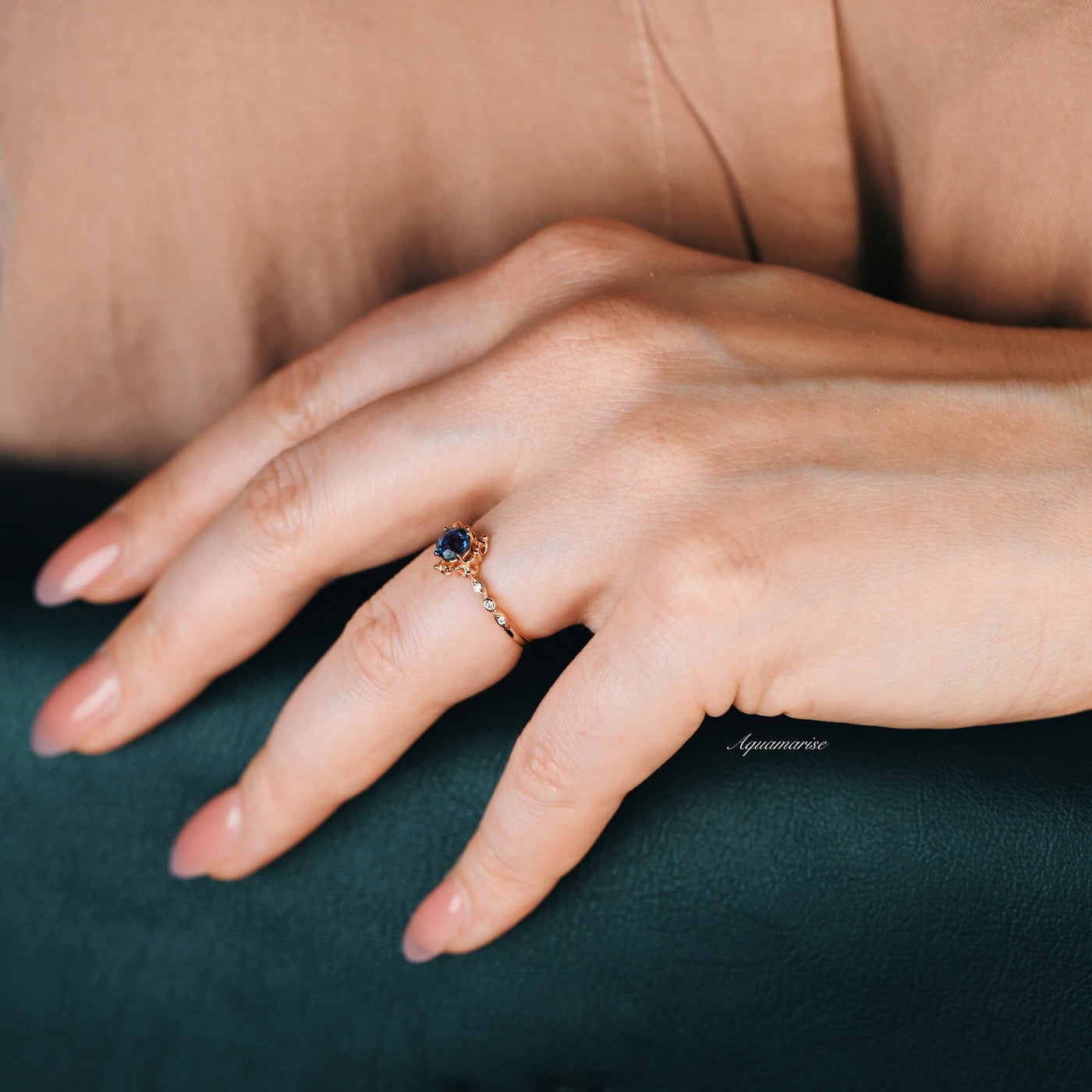 Vintage Natural Alexandrite Ring- 14K Rose Gold Vermeil- Teal Purple Alexandrite Engagement Ring For Women