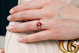 Hexagon Cut Lab-Grown Ruby Engagement Ring Set in 14K Rose Gold Vermeil
