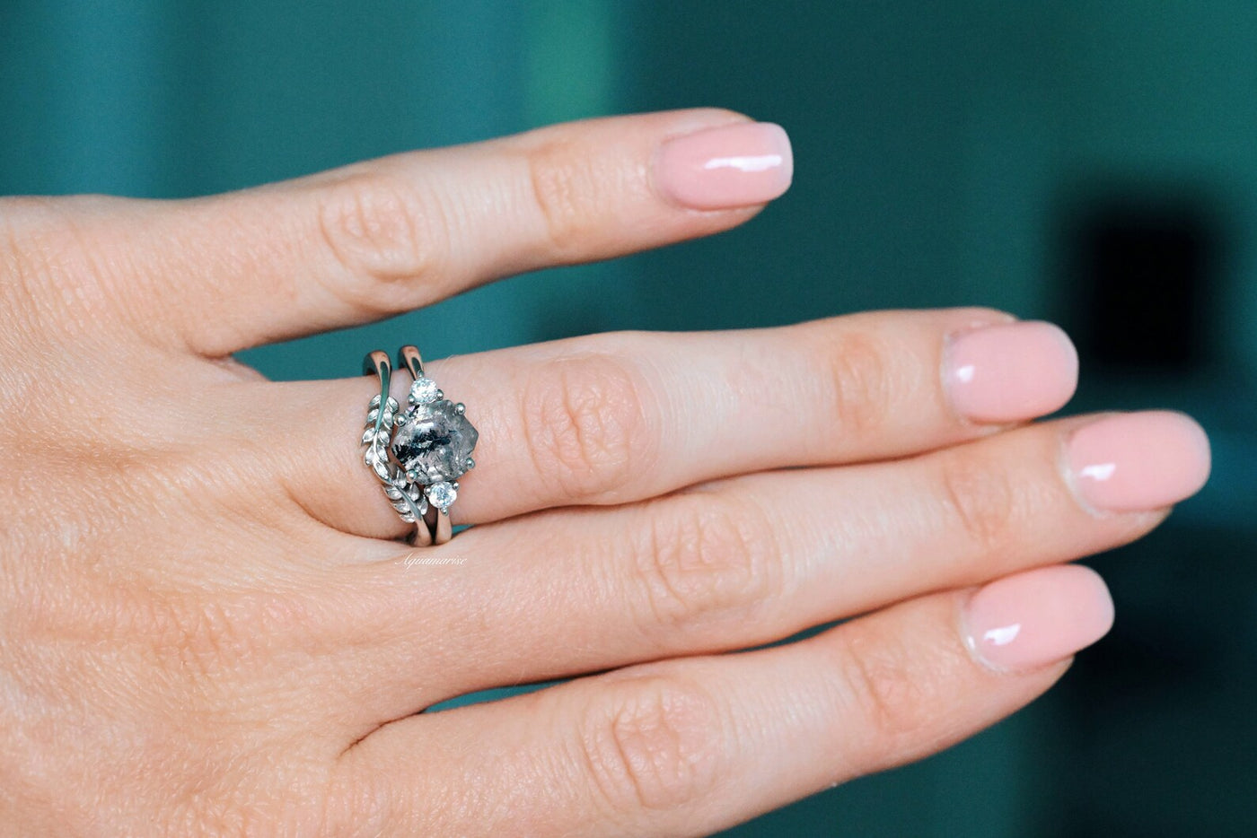 Galaxy Raw Salt and Pepper Diamond Ring- Hexagon Diamond Engagement Ring Set- Unique Bridal Geometric Diamond Promise Ring Sterling Silver