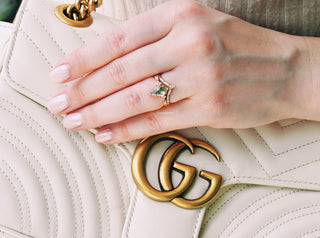 Kite Cut Green Moss Agate Bridal Ring Set in 14K Rose Gold Vermeil