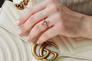 Kite Cut Green Moss Agate Bridal Ring Set in 14K Rose Gold Vermeil