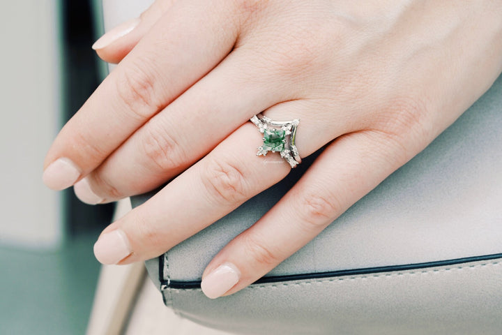 Natural Green Moss Agate Ring Set- Sterling Silver