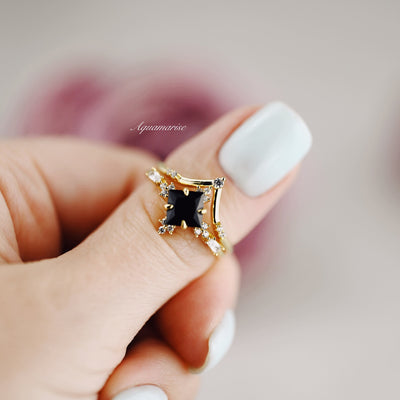 Black Diamond Ring Set- 14K Gold Vermeil Black Onyx Engagement Ring Set For Women- Dainty Promise Ring- Anniversary Birthday Gift For Her