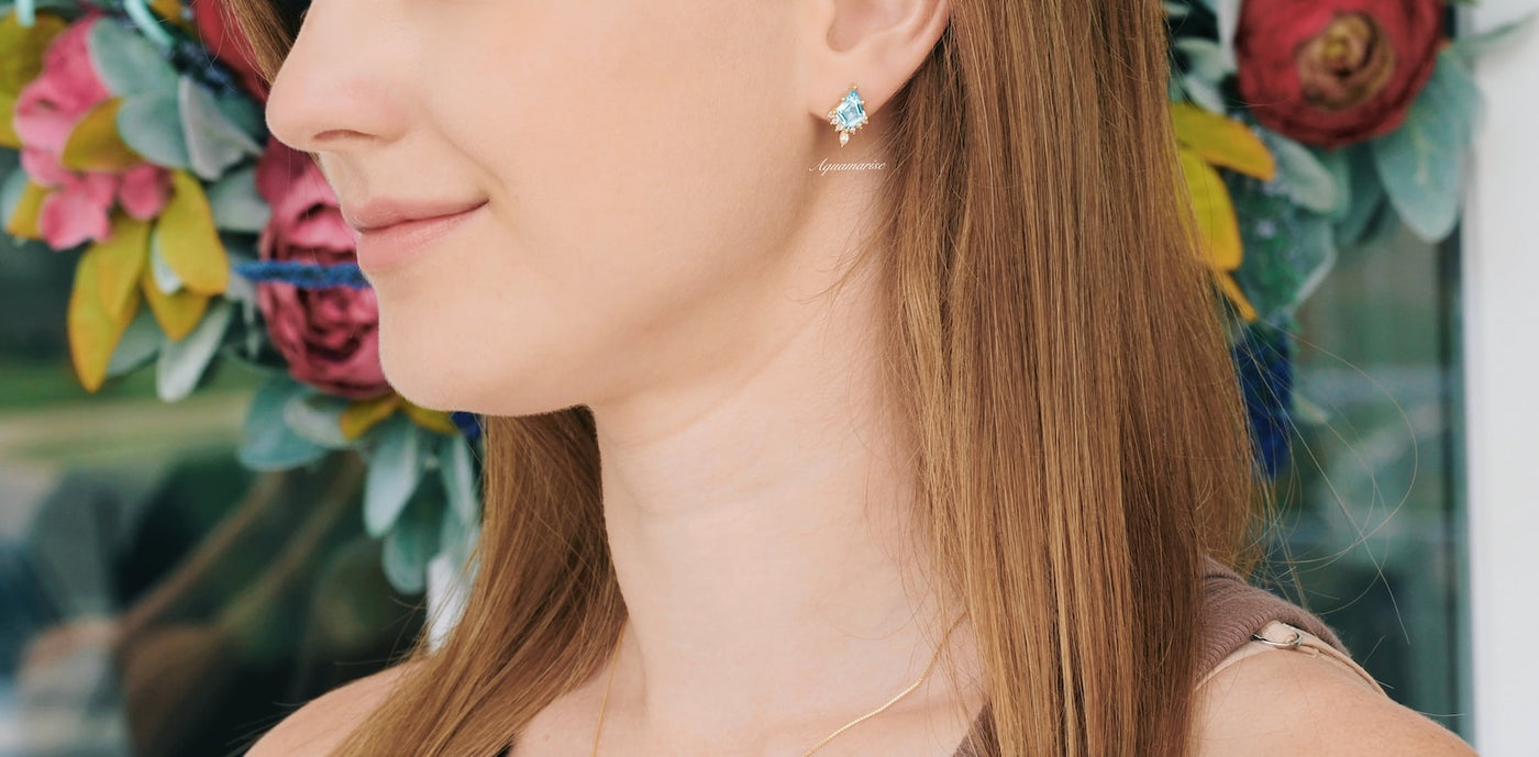 Skye Kite Aquamarine Earrings For Women- 14k Gold Vermeil Earrings- March Birthstone Anniversary Gift For Her Unique Geometric Stud Earrings