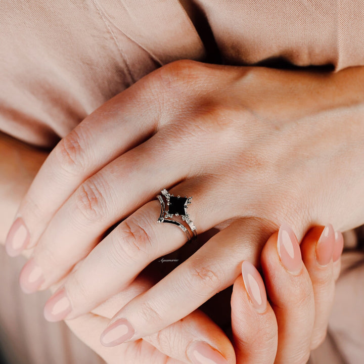 Princess Cut Black Onyx Engagement Ring Set- 14K/18K White Gold