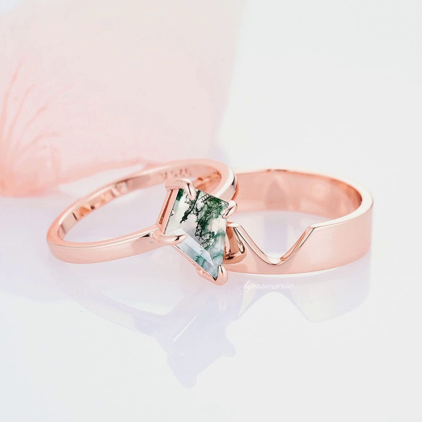Kite Green Moss Agate His and Hers Ring Set- 14K Rose Gold Vermeil Couples Ring