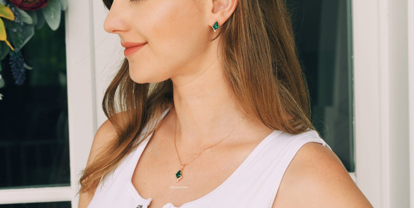 Skye Kite Emerald Earrings For Women 14K Rose Gold Vermeil Dainty Birthstone Stud Earrings Geometric Studs Anniversary Birthday Gift For Her