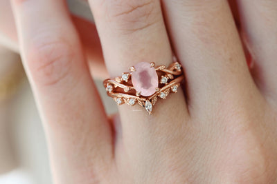 Natural Rose Quartz Ring Set- Leaf Wedding Ring Set 14K Rose Gold Vermeil- Pink Gemstone Engagement Ring- Unique Twig Dainty Promise Ring
