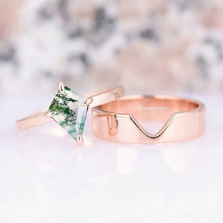 Kite Cut Green Moss Agate Couples Ring Set