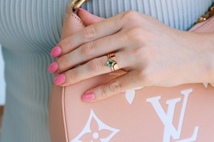 Minimalist Kite Green Moss Agate Ring- 14K Rose Gold Vermeil