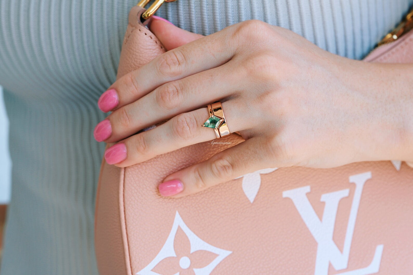 Kite Green Moss Agate Ring For Women- 14K Rose Gold Vermeil Simple Kite Engagement Ring For Her- Geometric Wedding Ring- Dainty Promise Ring