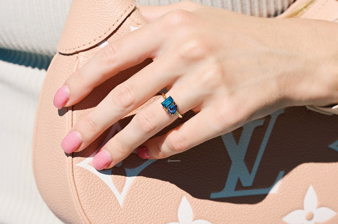 'Toi Et Moi' Alexandrite & London Blue Topaz Ring- 14K Solid Yellow Gold