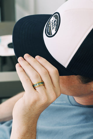 Crushed Green Moss Agate Hammered Wedding Band in Gold Tungsten Carbide (8mm)