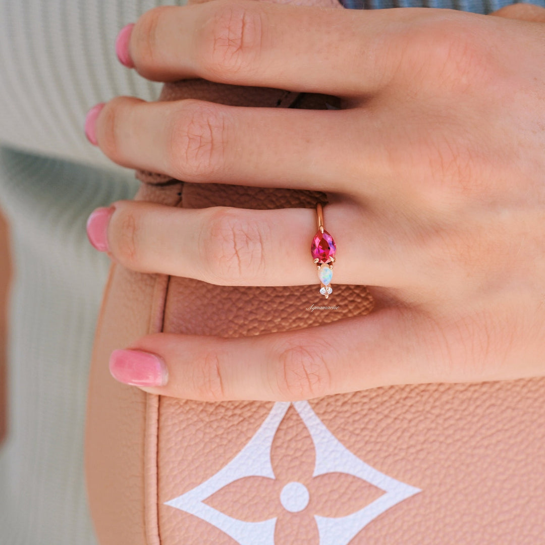 Pear Cut Ruby & Australian Opal Ring- 14K Rose gold Vermeil