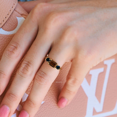 Cognac Diamond Ring- Black Diamond Wedding Band- 3 Stone Emerald Cut Engagement Ring Smoky Quartz- Anniversary Gift For Her 14K Gold Vermeil