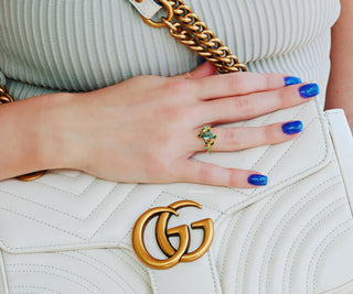 Green Moss Agate & Emerald Leaf Ring in 14K Yellow Gold Vermeil