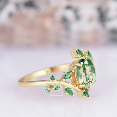 Green Moss Agate Emerald Leaf Ring- 14K Gold Vermeil Natural Agate Engagement Ring For Women- Unique Promise Ring- Anniversary Gift For Her