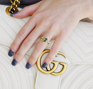 Celtic Teardrop Green Moss Agate Ring Set in 14K Yellow Gold Vermeil