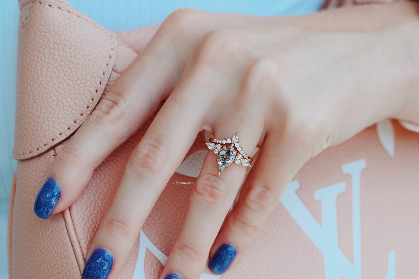 Galaxy Raw Salt & Pepper Diamond Ring For Women- Kite Diamond Engagement Ring- Unique Bridal Geometric Promise Ring- 14K Rose Gold Vermeil
