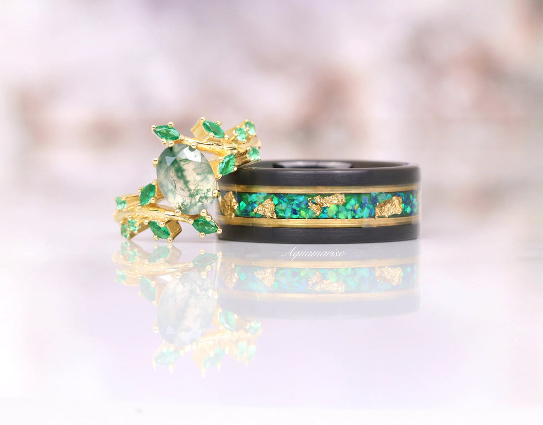 Green Moss Agate & Emerald Leaf Ring- 14K Solid Yellow Gold