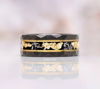 Black Onyx & Meteorite Gold Leaf Couples Ring Set