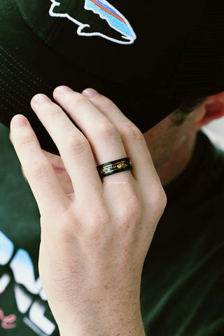 Black Onyx & Meteorite Gold Leaf Couples Ring Set