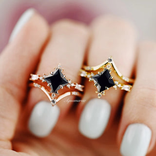 Black Onyx & Meteorite Gold Leaf Couples Ring Set