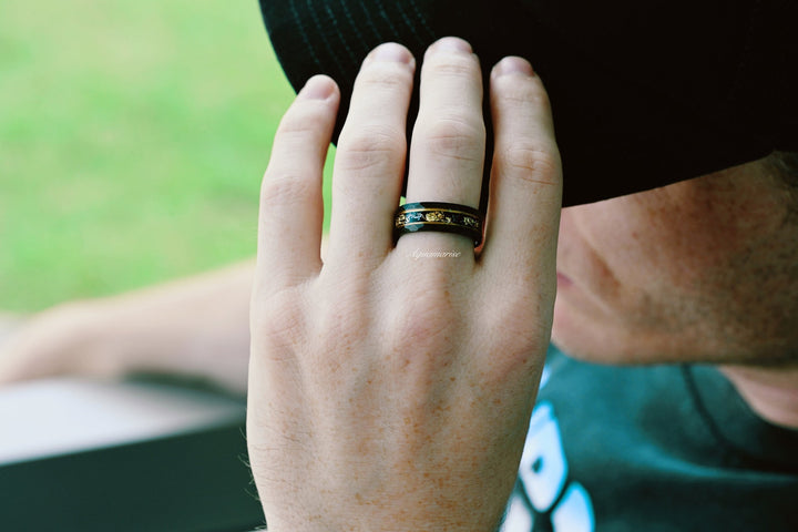 Meteorite & Gold Leaf Wedding Band- 8MM Black Tungsten