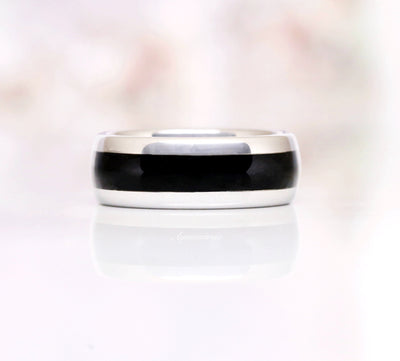 Black Onyx Men's Wedding Band- Black Diamond Ring- Silver Tungsten 8mm Men Wedding Ring Crushed Black Onyx- Polished- Dome- Comfort Fit Ring