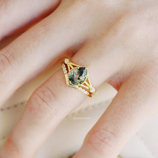 Celtic Teardrop Green Moss Agate Ring Set in 14K Yellow Gold Vermeil