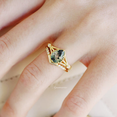 Celtic Green Moss Agate Ring- 14K Gold Vermeil Pear Cut Natural Agate Engagement Ring For Women Unique Promise Ring Anniversary Gift For Her