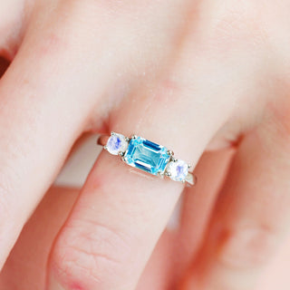 Emerald Cut Aquamarine and Moonstone Engagement Ring in 14K White Gold