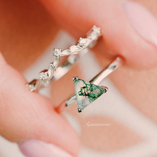 Minimalist Triangle Green Moss Agate Ring in Sterling Silver