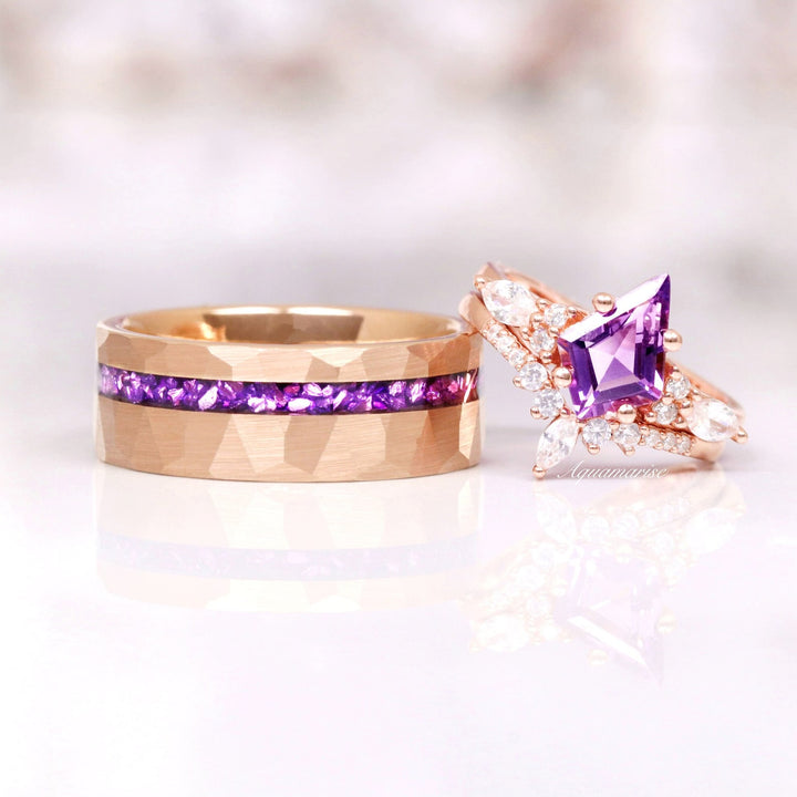 Crushed Amethyst Wedding Band- 8MM Rose Gold Tungsten