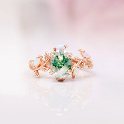 Green Moss Agate & Australian Opal Couples Ring Set- His and Hers Wedding Band