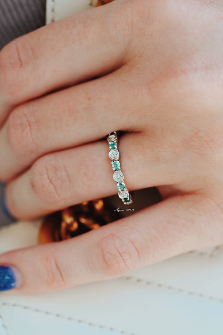 Natural Green Moss Agate Rose Wedding Band- Sterling Silver