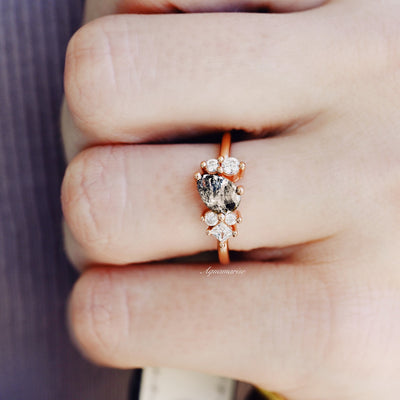 Galaxy Raw Salt & Pepper Diamond Ring For Women- Pear Diamond Engagement Ring 14K Rose Gold Vermeil- Unique Bridal Geometric Promise Ring