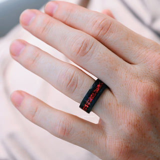 Crushed Red Garnet Hammered Wedding Band in Black Tungsten Carbide (8mm)