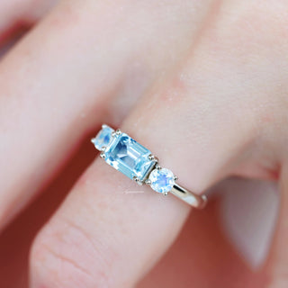 Emerald Cut Aquamarine and Moonstone Engagement Ring in 14K White Gold