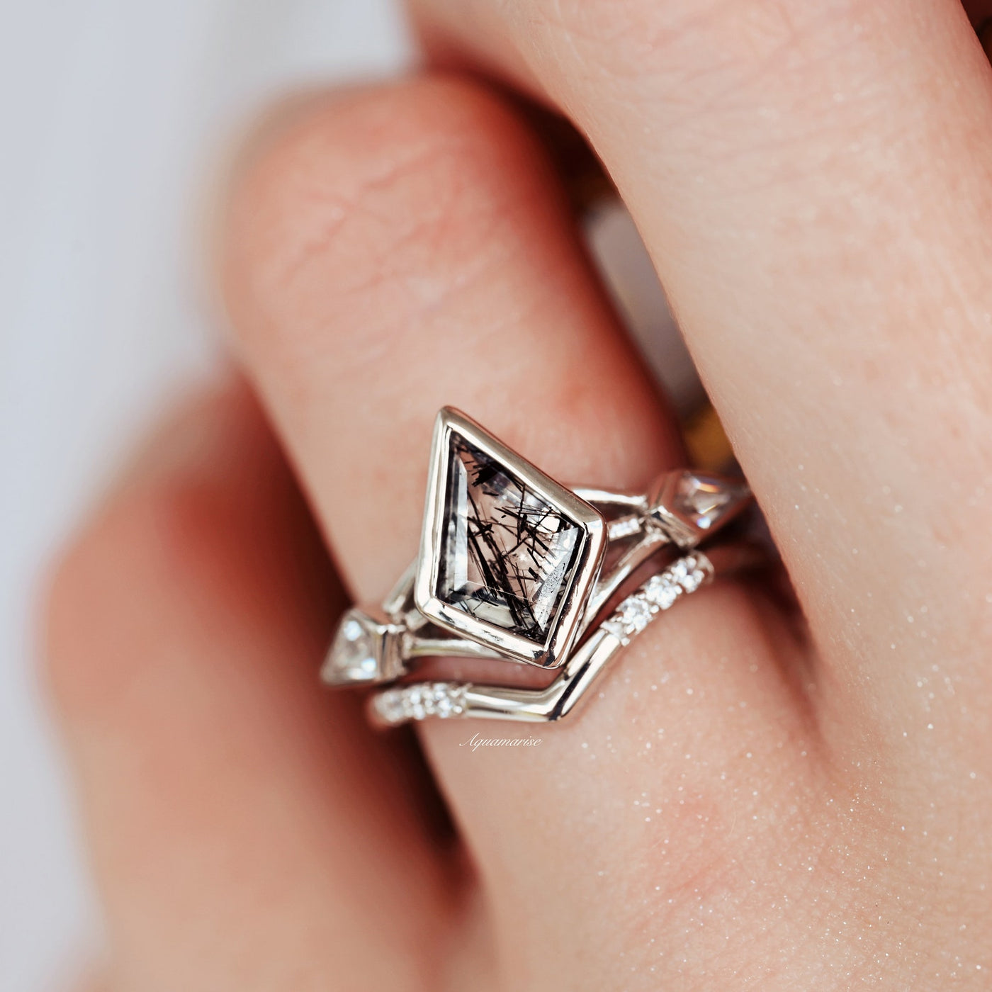 Celtic Kite Black Rutilated Quartz Ring Set For Woman- Natural Quartz Engagement Ring- 925 Sterling Silver Unique Promise Ring Gift For Her
