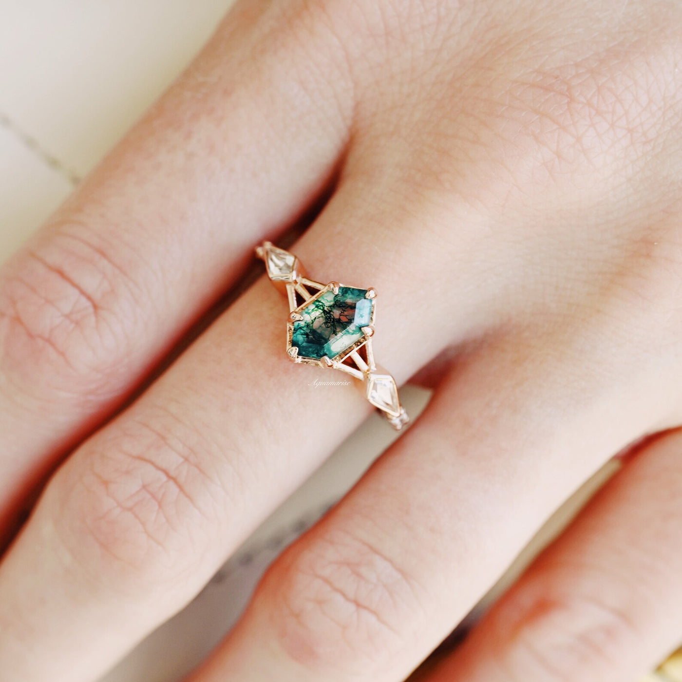 Celtic Green Moss Agate Ring For Women- 14K Rose Gold Vermeil Natural Agate Engagement Ring- Hexagon Promise Ring- Anniversary Gift For Her