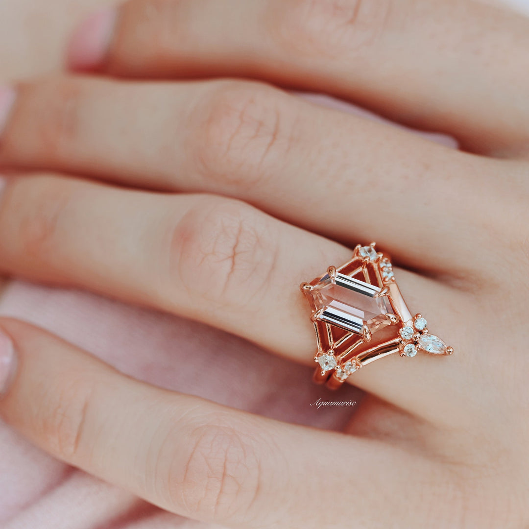 Celtic Hexagon Morganite Ring Set- 14K Solid Rose Gold