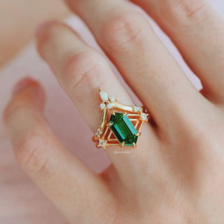 Celtic Hexagon Cut Lab-Grown Emerald Engagement Ring Set in 14K Solid Yellow Gold