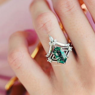 Celtic Hexagon Cut Green Moss Agate Ring Set in Sterling Silver