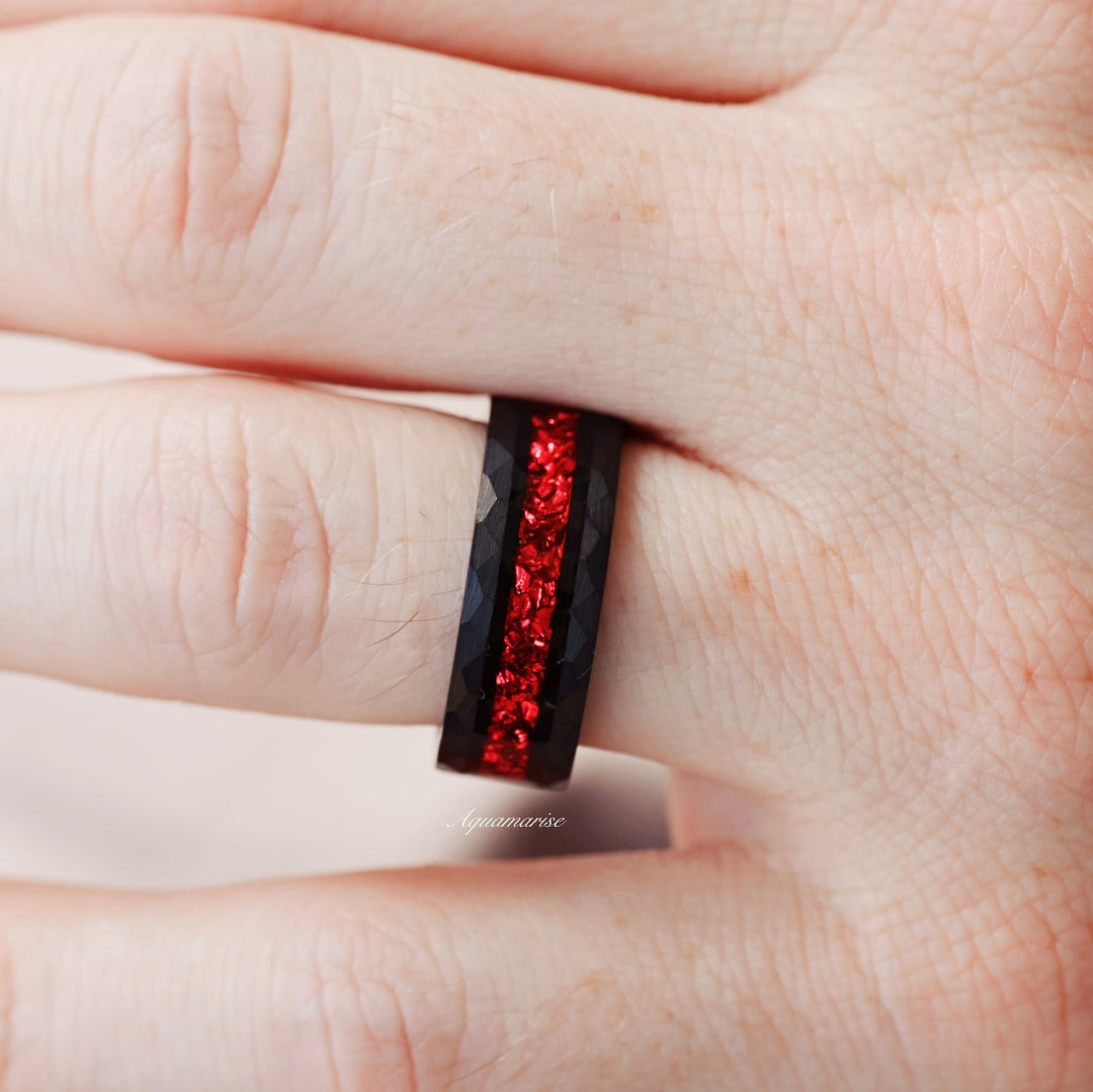 Crushed Red Garnet Wedding Band- 8MM Black Tungsten