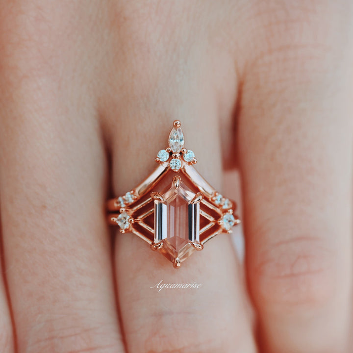 Celtic Hexagon Morganite Ring Set- 14K Solid Rose Gold